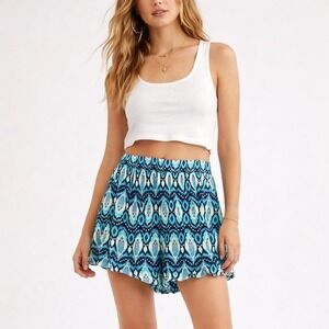 Wildfox Ikat Print Shorts Women Size S Teal Navy Blue Boho Rayon Summer Casual